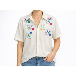 Alfred Dunner Women's Size 16 White Shirt Flower Appliques Side Splits @ Bottom